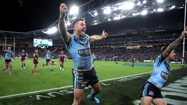 James Tedesco celebrates his matchwinning try. Picture: Phil Hillyard