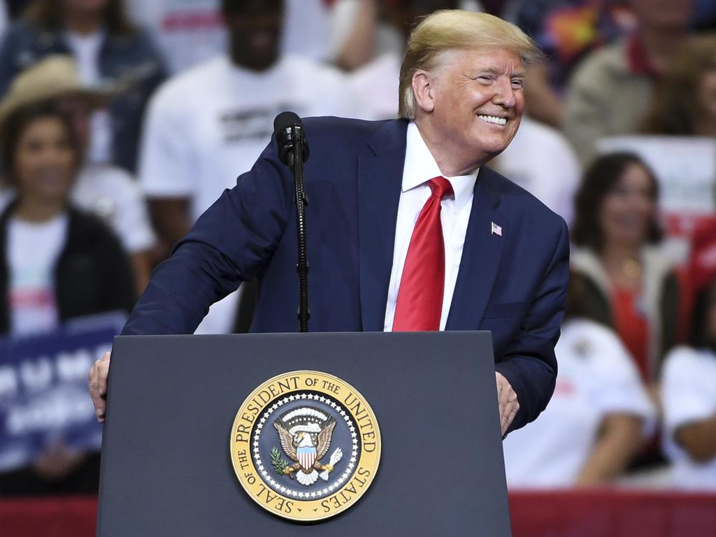 US President Donald Trump speaks during a campaign rally at the American Airlines Center in Dallas, where he called Nancy Pelosi “nuts”. Picture: AP Photo/Jeffrey McWhorter