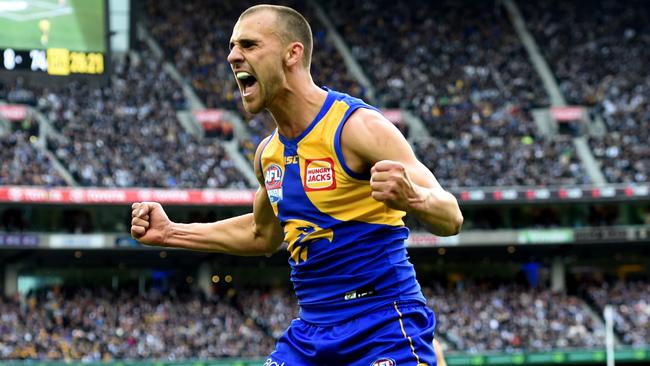 Dom Sheed celebrates his match-winning goal. Picture: Nicole Garmston