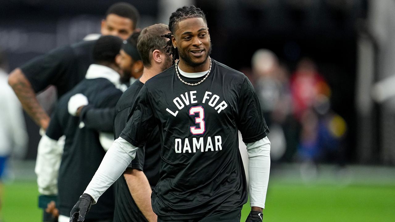 Davante Adams #17 of the Las Vegas Raiders wears a shirt in honour of Damar Hamlin of the Buffalo Bill during warm-ups prior to playing the Kansas City Chiefs. (Photo by Jeff Bottari/Getty Images)