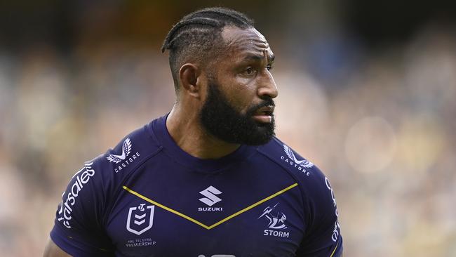 TOWNSVILLE, AUSTRALIA - JUNE 04: Justin Olam of the Storm comes from the field during the round 14 NRL match between North Queensland Cowboys and Melbourne Storm at Qld Country Bank Stadium on June 04, 2023 in Townsville, Australia. (Photo by Ian Hitchcock/Getty Images)