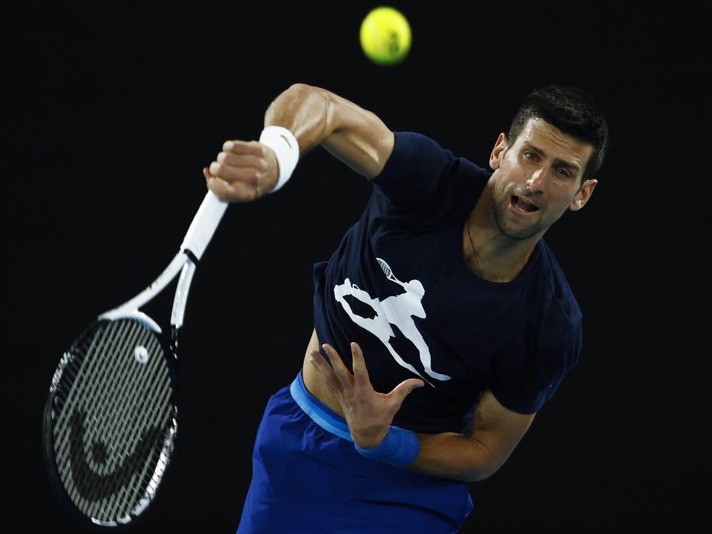 Novak Djokovic serves during a practice session ahead of the 2022 Australian Open - as close as he got to playing in the tournament, having since been deported over his visa fiasco. Picture: Daniel Pockett/Getty Images