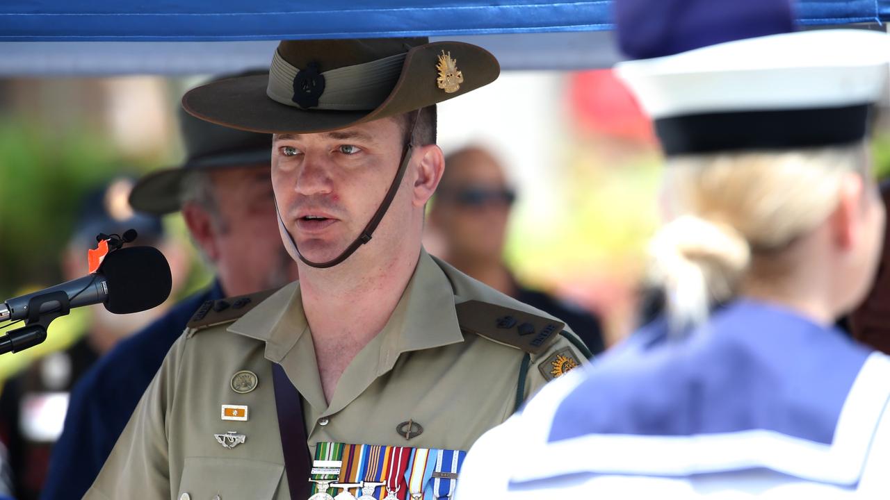 Lieutenant Colonel Mick O'Sullivan delivers a speech at the Remembrance Day commemorations at the Cairns Cenotaph PICTURE: ANNA ROGERS