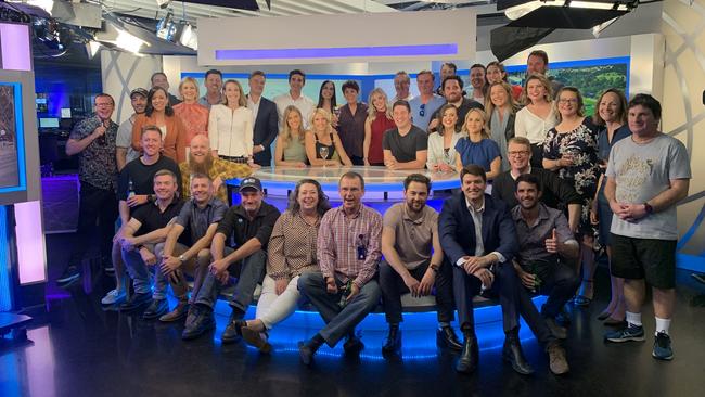 The Channel 10 news crew with Rebecca Morse after her final news bulletin for 10 News First Adelaide. Picture: Network 10