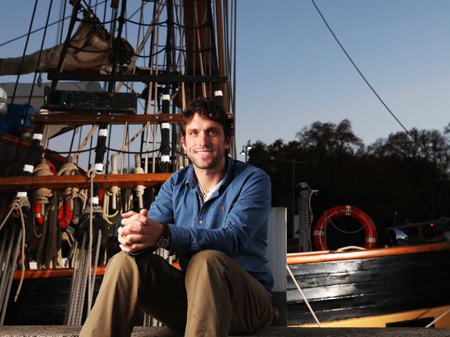 Paul Stephanus general manager of the Australian Wooden Boat Festival in front of the Windeward Bound on the Hobart waterfront.  The Australian Wooden Boat Festival is looking toward the event in February 2021 and how COVID-19 may change the festival.  Picture: NIKKI DAVIS-JONES