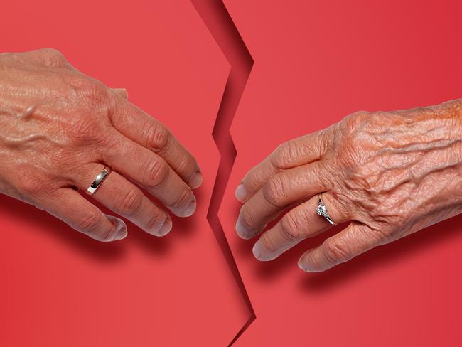 26 February 2025; A collage of two aged hands wearing wedding rings on a red background with a crack down the middle. Artwork by Emilia Tortorella. Sources: iStock. Ratio 4:3.