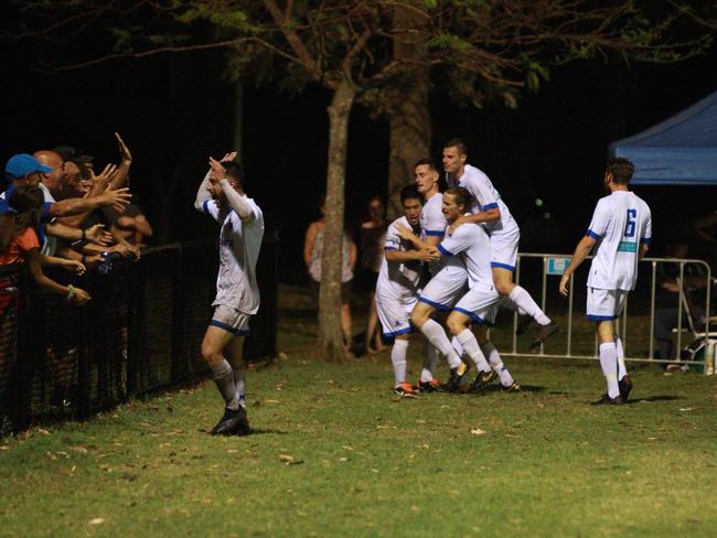 Grand final of the Gold Coast Premier League (soccer) senior men's competition between Surfers Paradise Apollo and Palm Beach Sharks.Surfers Player celebrate. Pic Mike Batterham (nb team sheet was not available)