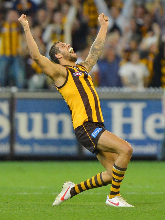 Lance Franklin celebrates on the siren.