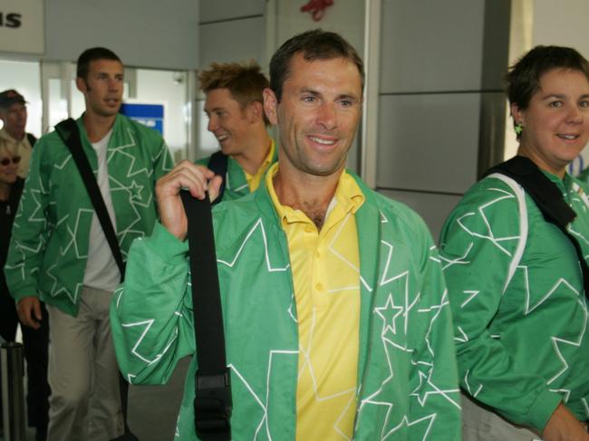 Tasmanian Olympians return to Hobart from left Scott Brennan Cameron Wurf Simon Burgess Dana Faletic and Kerry Hore