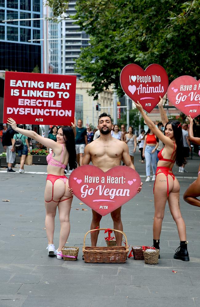 The signs advocated veganism ahead of Valentine’s Day on Tuesday. Picture: NCA NewsWire/ Nicholas Eagar