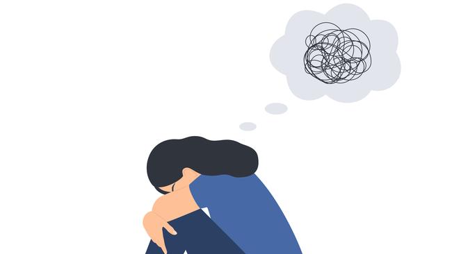 Young Depressed Woman With Tangled Thoughts Sitting On Floor And Hugging Her Knees. Sadness, Depression, Emotional Burnout, Confusion And Mental Health Problems