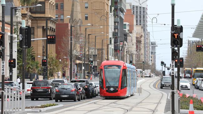 Trams going up and down North Terrace near the old RAH, on practice runs. 12 September 2018. (AAPImage/Dean Martin)