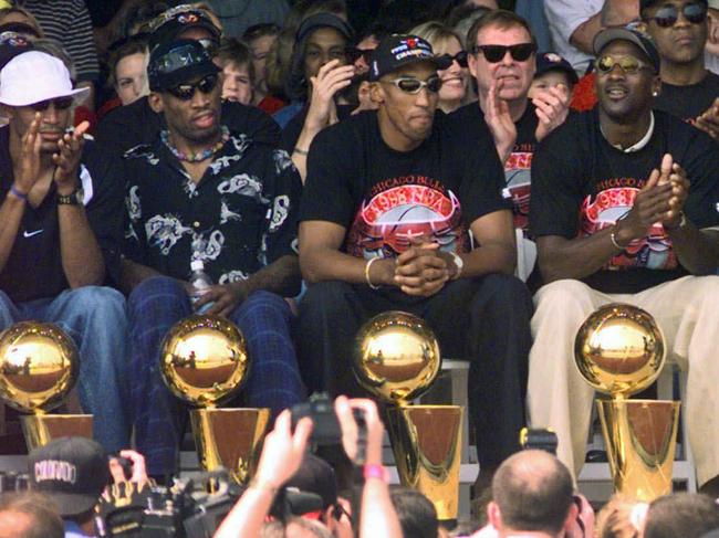 1998 NBA Champions, from left: Ron Harper, Dennis Rodman, Scottie Pippen, Michael Jordan.