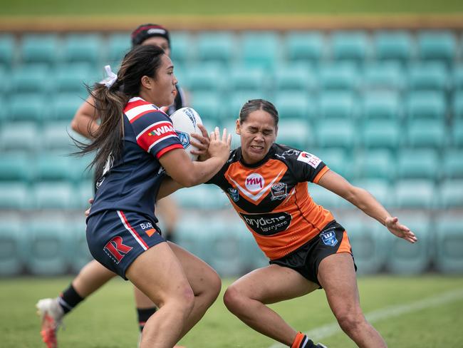 Taylah Fuiava is stopped in her tracks. Picture: Julian Andrews