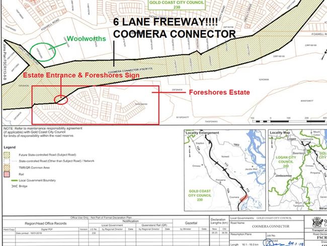 Map of the Coomera Foreshores community and the impact of the Coomera Connector. Photo: Supplied