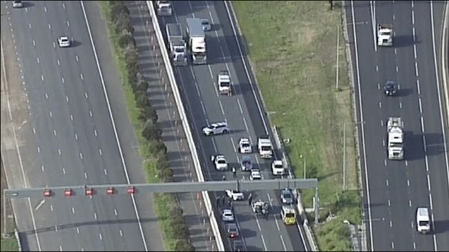 Road chaos unfolded after police were forced to close city-bound lanes. Picture: 7 News