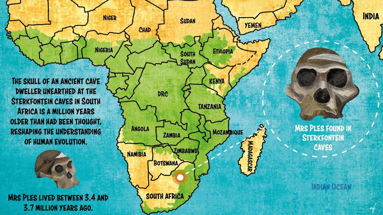 Our Kids News map pinpoints the location of the Sterkfontein caves where the skull of Mrs Ples was found. She is now believed to be around a million years older than originally estimated. Picture: Abi Fraser