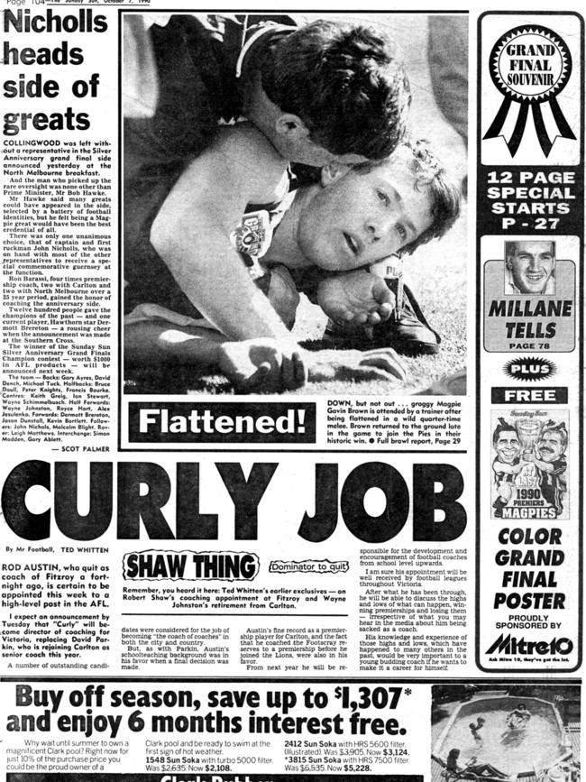 The back page of Sunday Sun newspaper the day after the 1990 Grand Final.