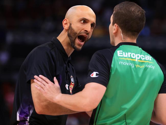 SYDNEY, AUSTRALIA - JANUARY 04: Mahmoud Abdelfattah, Head Coach of the Kings argues with the referee during the round 14 NBL match between Sydney Kings and Melbourne United at Qudos Bank Arena, on January 04, 2024, in Sydney, Australia. (Photo by Jenny Evans/Getty Images)