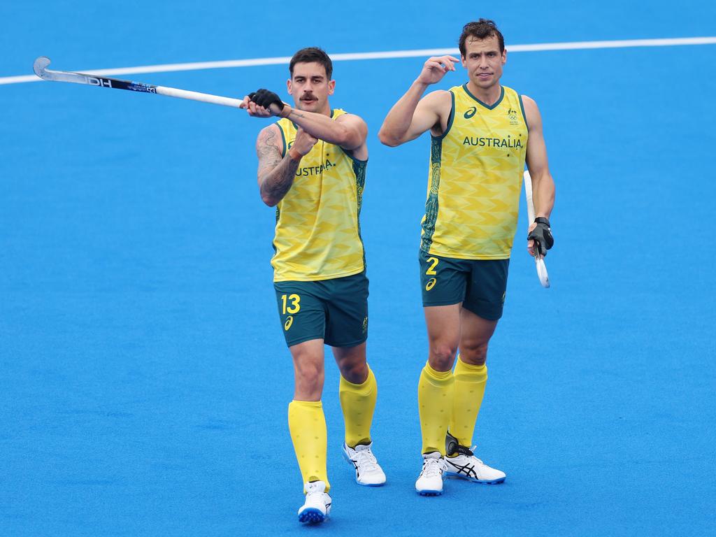 The moment the match changed: Blake Govers and Thomas Craig appeal to the match umpire. Seconds later, Govers scored the decisive goal. Picture: Getty Images