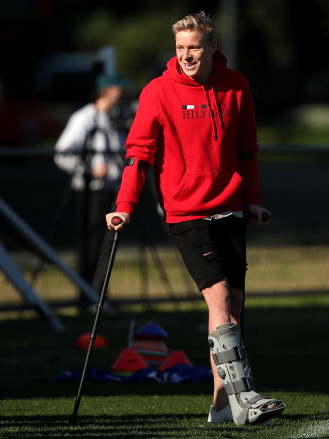 Heeney has been on crutches as often as he’s been on the field in 2020 and 2021. Picture: Phil Hillyard