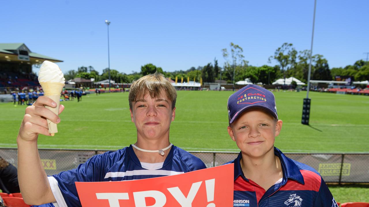 Brothers junior players Mitchell Clarke (left) and Tallas Wolff at the NRL Pre-Season Challenge game between Broncos and Titans at Toowoomba Sports Ground, Sunday, February 16, 2025. Picture: Kevin Farmer