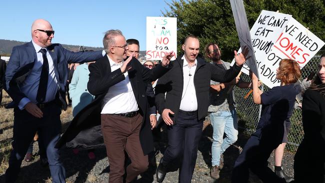 Prime Minister Anthony Albanese in Hobart in relation to funding for a stadium at Macquarie Point. Picture: Nikki Davis-Jones