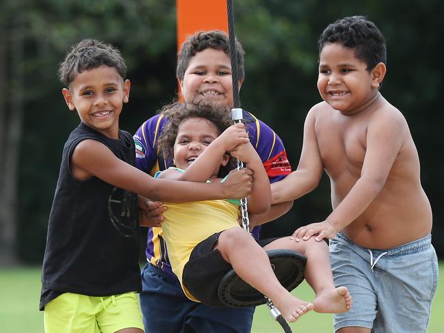 The rainy weather that Cairns experienced over the weekend is forecast to clear up, with fine and sunny or mostly sunny days for the rest of the week. Cousins Sterling Fourmile, 6, Jykiele Burns, 8, and Keinie Burns-Kynuna, 6, push Tamar Paterson, 2 on the flying fox zipline at Todd Park in Bentley Park. Picture: Brendan Radke