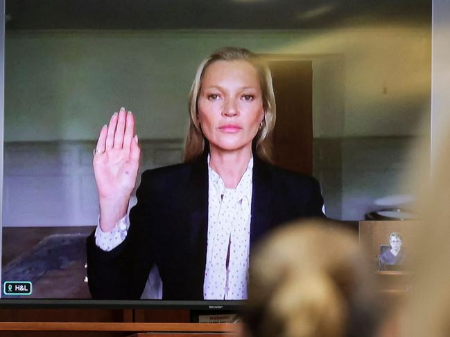 Kate Moss is sworn in via video link at the Fairfax County Circuit Courthouse. Picture: AFP