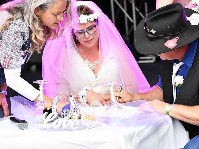 Simone Ward and Geoffrey Borninkhof, were married on The Hill Stage at Gympie Music Muster. Picture: Patrick Woods.