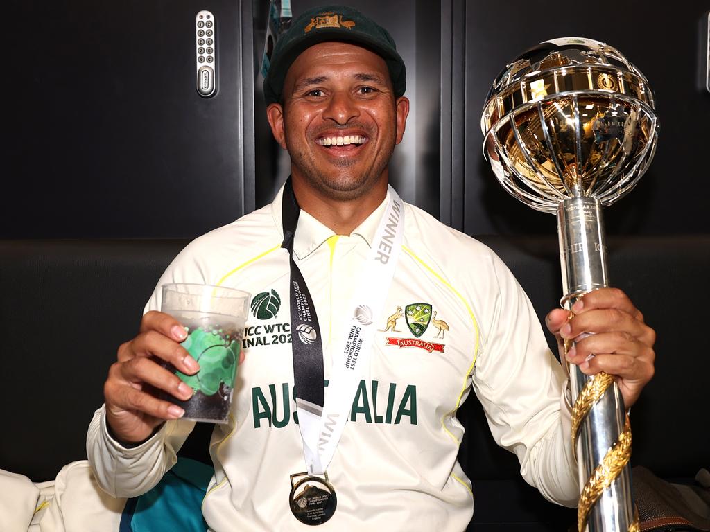 The triumphant image from Usman Khawaja’s Instagram post. Picture: Ryan Pierse-ICC/ICC via Getty Images