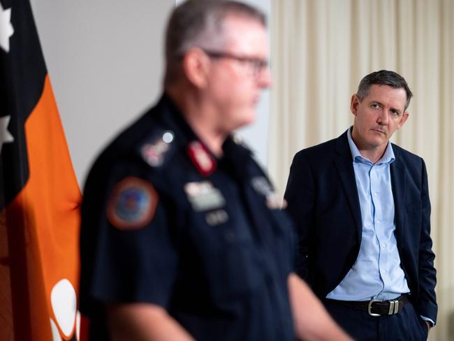 Chief Minister Michael Gunner and NT Police Commissioner Jamie Chalker are standing firm on the July 17 date for the reopening of NT borders. Picture: Che Chorley