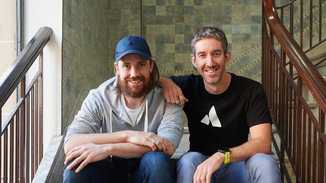 Mike Cannon-Brookes (baseball cap) and fellow founder of Atlassian, Scott Farquhar.