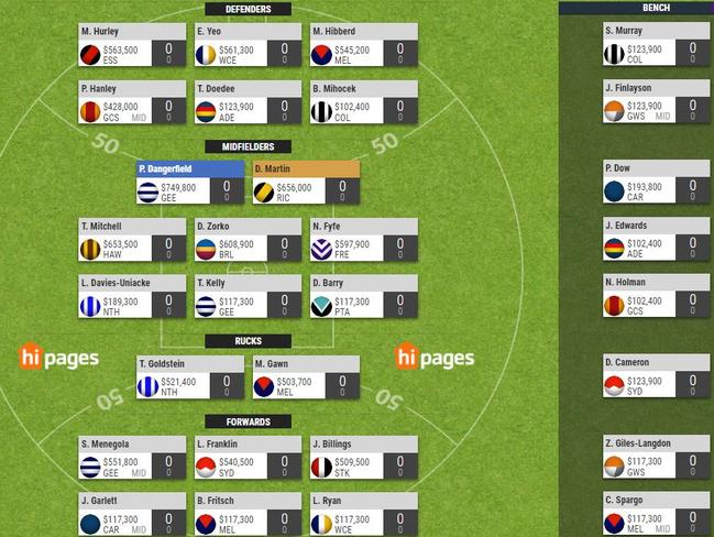 Sample 2018 SuperCoach guns and rookies team