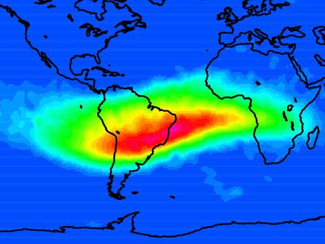 The South Atlantic Anomaly is an area where Earth's magnetic field is at its weakest. This image was taken by the Doris instrument onboard the satellite known as Jason-1. Picture: Cnes/CLS