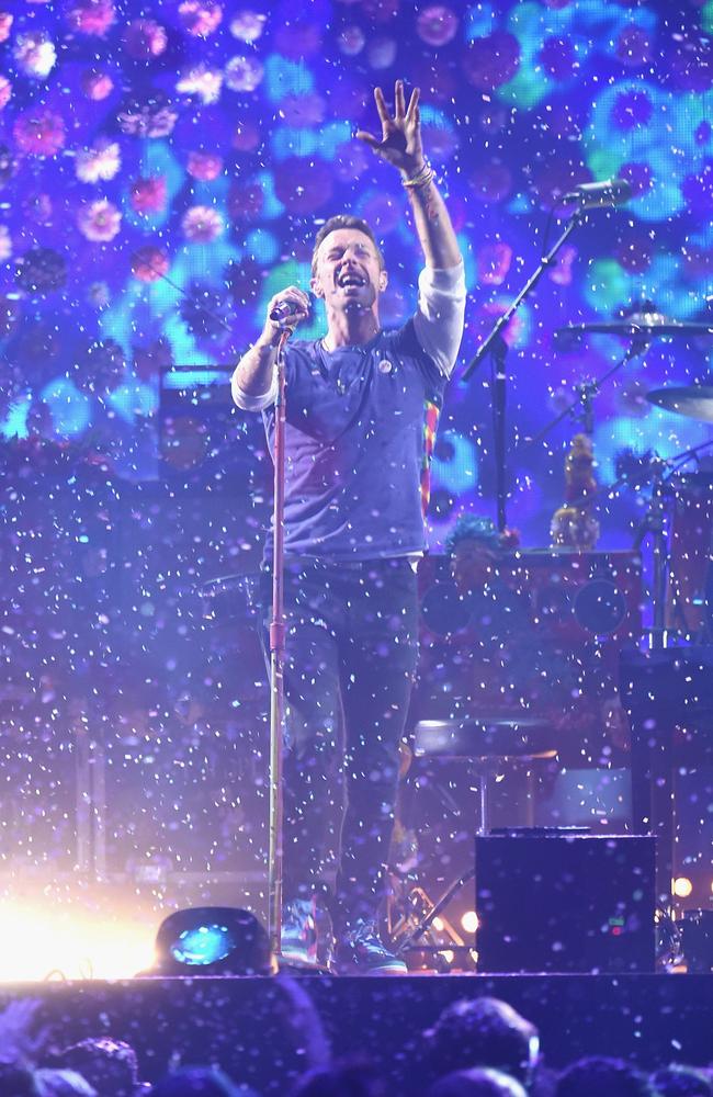 Chris Martin from Coldplay performs on stage at the BRIT Awards 2016 at The O2 Arena on February 24. Picture: Ian Gavan/Getty Images