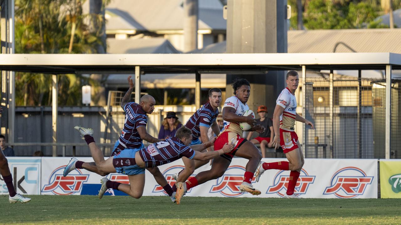 Tesi Niu pressed his claims for a Round 1 spot with a first half hat-trick against the Capras. Picture: Supplied