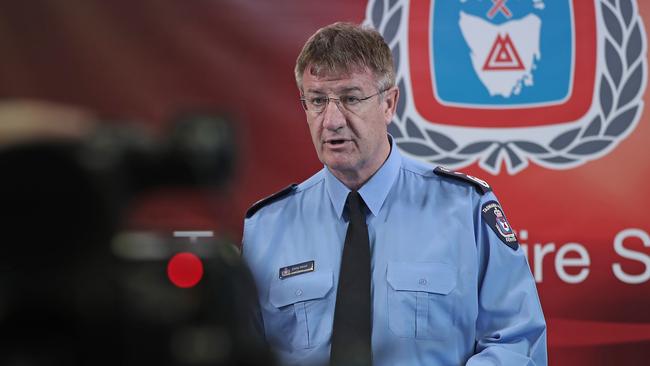 Tasmania Fire Service chief officer Chris Arnol gives an update on the statewide bushfire situation on Sunday, January 27. Picture: LUKE BOWDEN