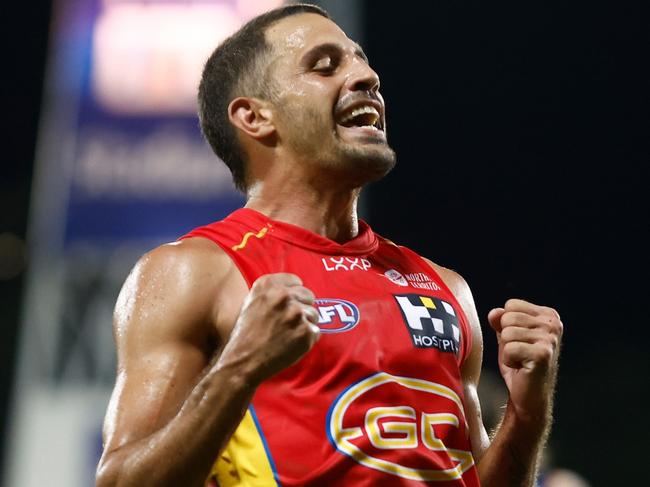 DARWIN, AUSTRALIA - MAY 16: Ben Long of the Suns celebrates a goal during the 2024 AFL Round 10 match between The Gold Coast SUNS and The Geelong Cats at TIO Stadium on May 16, 2024 in Darwin, Australia. (Photo by Michael Willson/AFL Photos via Getty Images)