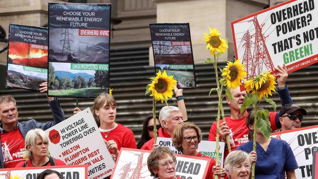 Protesters gathered on Parliament’s steps this month in opposition to construction of AusNet’s transmission line across Western Victoria to feed renewable power into Melbourne. Picture: Ian Currie.