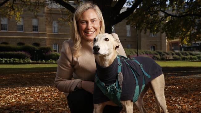 Kristie Johnston with her greyhound Freddie. Independent member for Clark Kristie Johnston who has been a vocal campaigner against the greyhound industry previous to the greyhound report being handed down. Picture: Nikki Davis-Jones