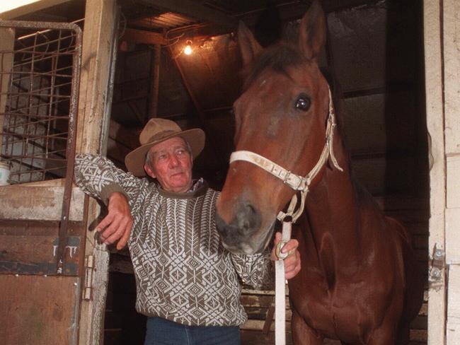 3Nov97. 'Just a dash' with John Patterson. Two old Timers. former Melbourne Cup winer "Just a Dash" with Flemington clerk of course John Patterson at his flemington stables. The two will be together again for the Parade of Champions through the streets of Melbourne at midday today, as a prelude to this years Melbourne Cup./horseracing