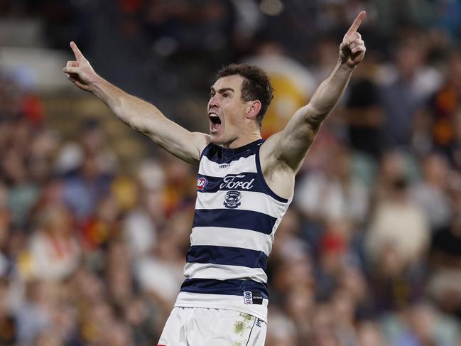 Jeremy Cameron of the Cats celebrates a 4th quarter goal. Picture: Michael Klein