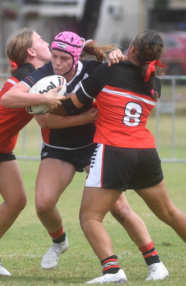 Kirwan State High School hosts St Patrick's College, Mackay, in round 1 of the 2025 Aaron Payne Cup. Nylani Namai (8) makes a big tackle. Picture: Evan Morgan