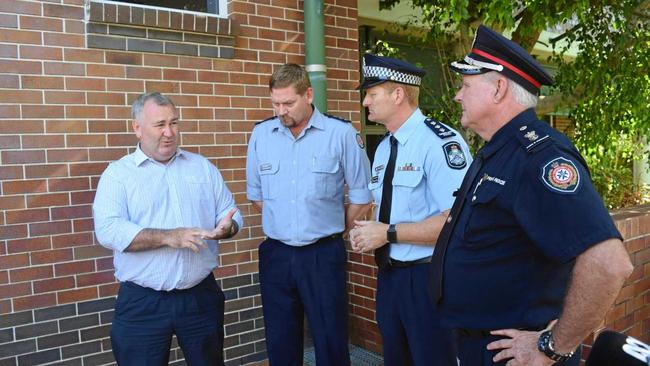 WINFIELD FIRE: Mayor Jack Dempsey, QAS Chief Superintendent Russell Cooke, Acting Inspector Glenn Cameron and QFES Acting Superintendent Ron Higgins. Picture: Katie Hall