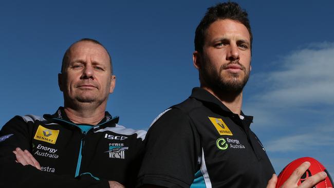 My Pictures of the week. Port Adelaide Captain Travis Boak and senior coach Ken Hinkley at the first finals press conference at Alberton. Photo Sarah Reed.