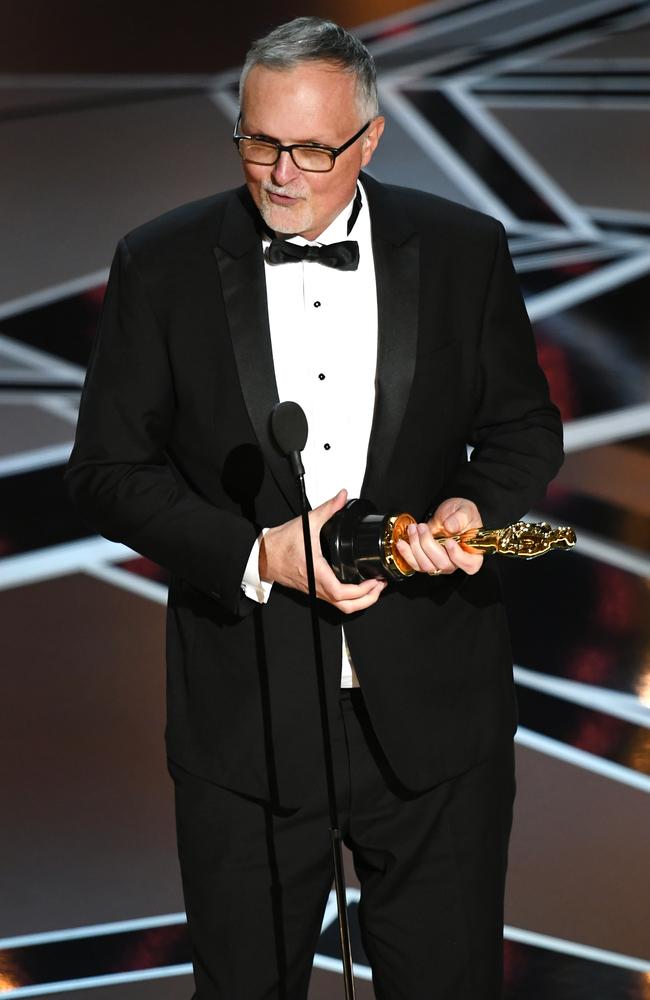 Sydney’s Lee Smith accepts the Oscar for Best Film Editing in Dunkirk. Picture: Getty Images
