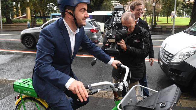 Former Labor Senator Sam Dastyari rides in by bicycle to give evidence at the Independent Commission Against Corruption hearing in Sydney. Picture: AAP