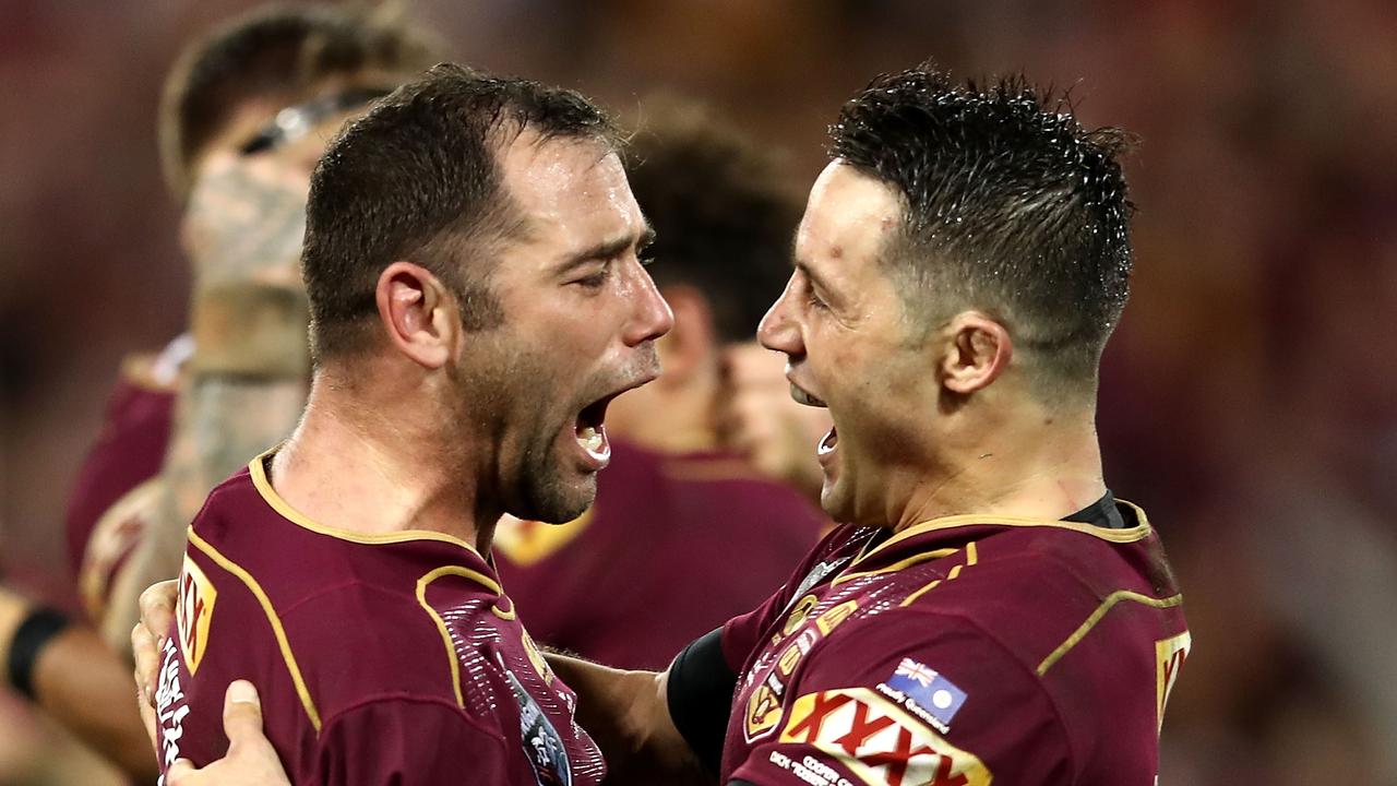 Cameron Smith and Cooper Cronk of the Maroons celebrate winning game three of the State Of Origin series in 2017. (Photo by Mark Kolbe/Getty Images)