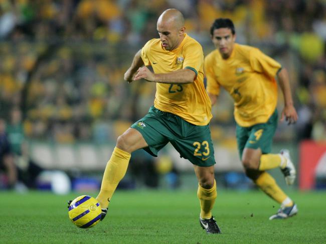 Mark Bresciano on the ball for the Socceroos. Picture: Brett Costello.